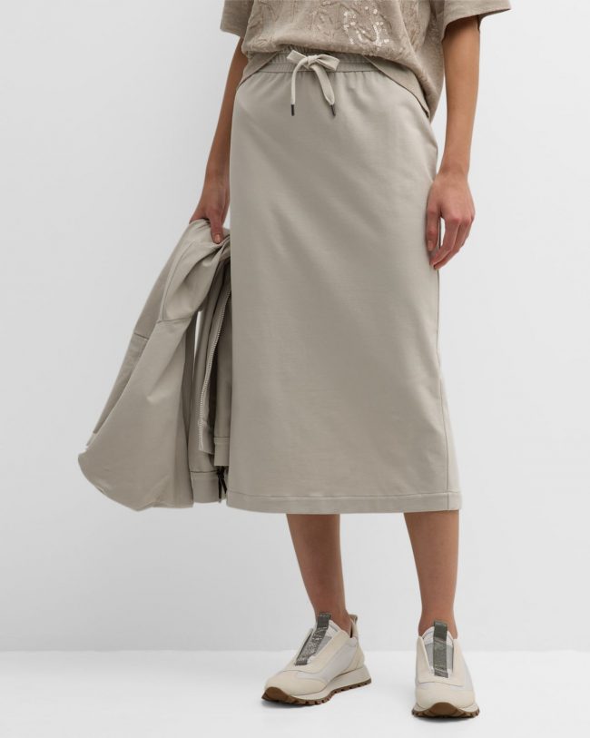 Slit-Hem Cotton Felpa Pull-On Midi Skirt