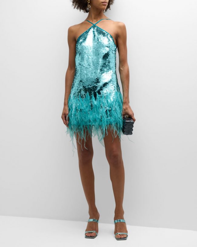 Solina Sequin and Feather Halter Mini Dress