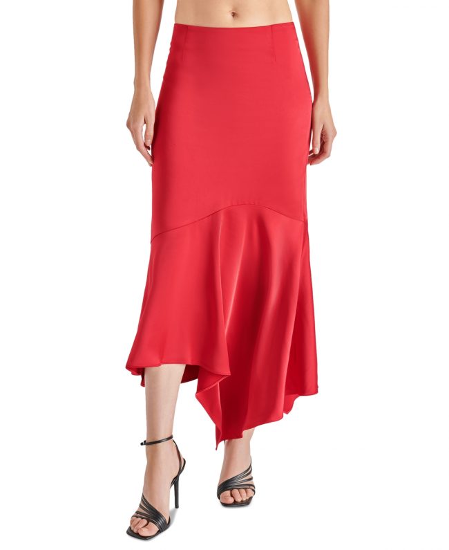 Steve Madden Women's Lucille Satin Asymmetrical Hem Midi Skirt - Red