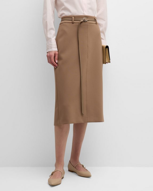 Straight Belted Topstitch Midi Skirt