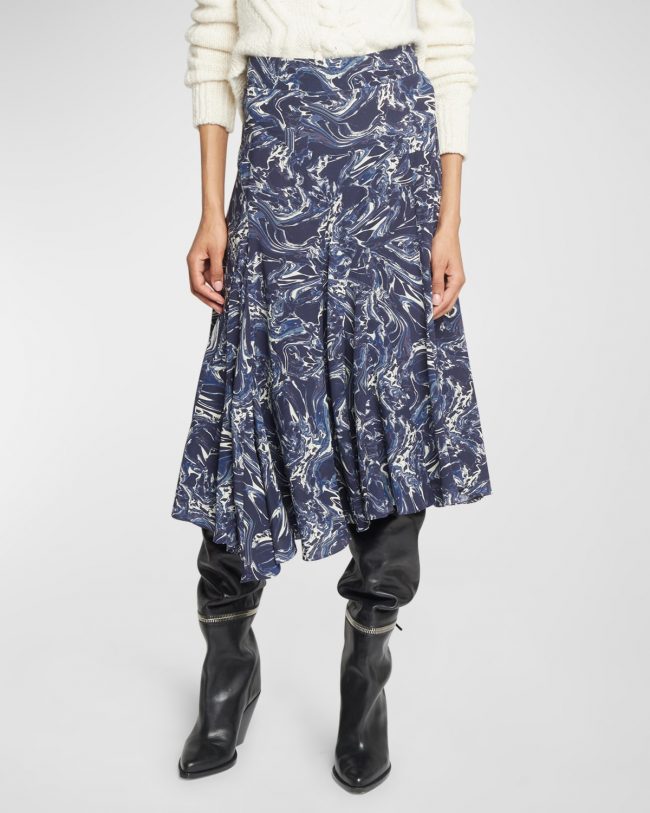 Toscane Oil-Print Asymmetric A-line Midi Skirt