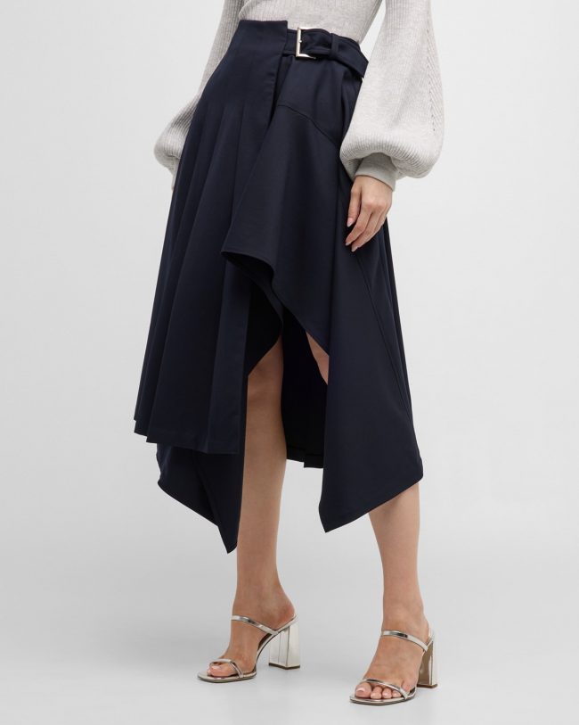 Wayland Belted Wool-Blend Handkerchief Midi Skirt