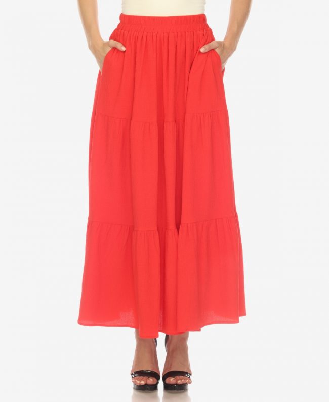 White Mark Women's Pleated Tiered Maxi Skirt - Red