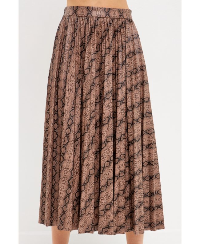 Women's Animal Print Pleated Slit Detail Midi Skirt - Tan