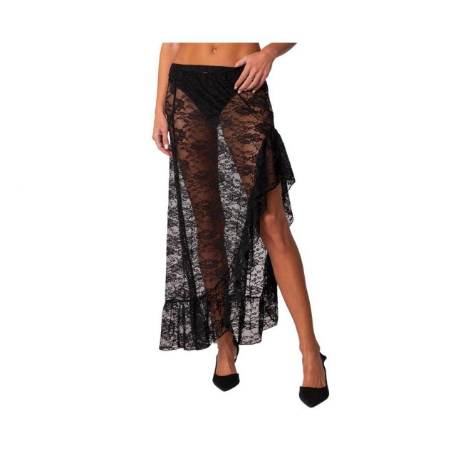Women's Asymmetric ruffle sheer lace maxi skirt - Black
