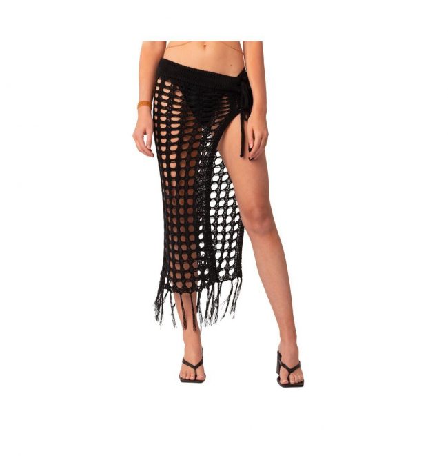 Women's Crochet Slit Maxi Skirt - Black