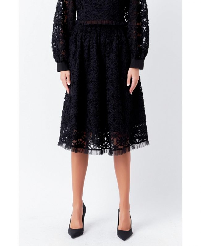 Women's Floral Lace Midi Skirt - Black