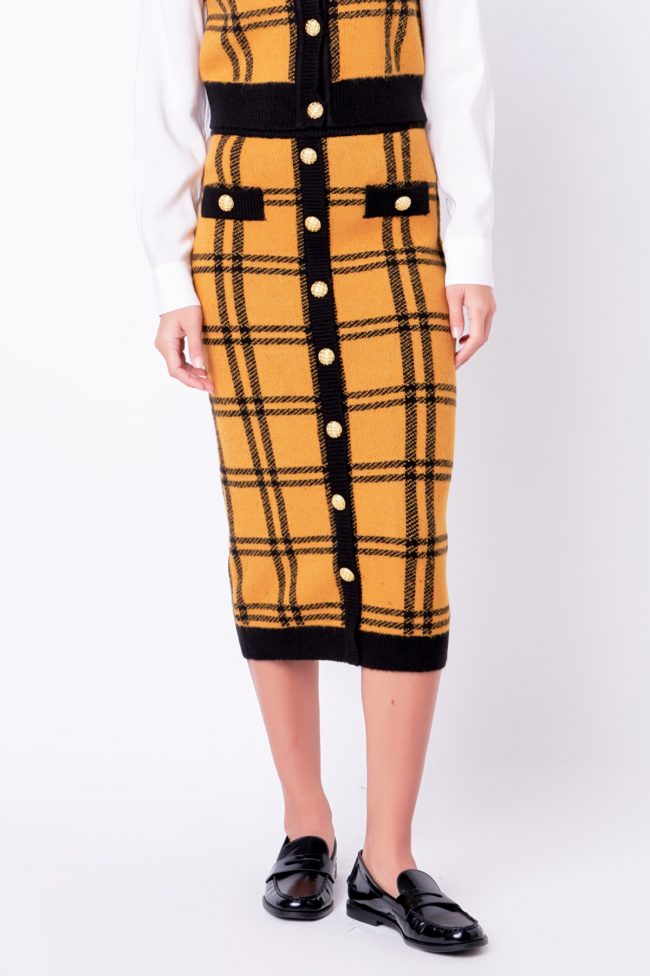 Women's Knit Check Plaid Midi Skirt - Yellow/black