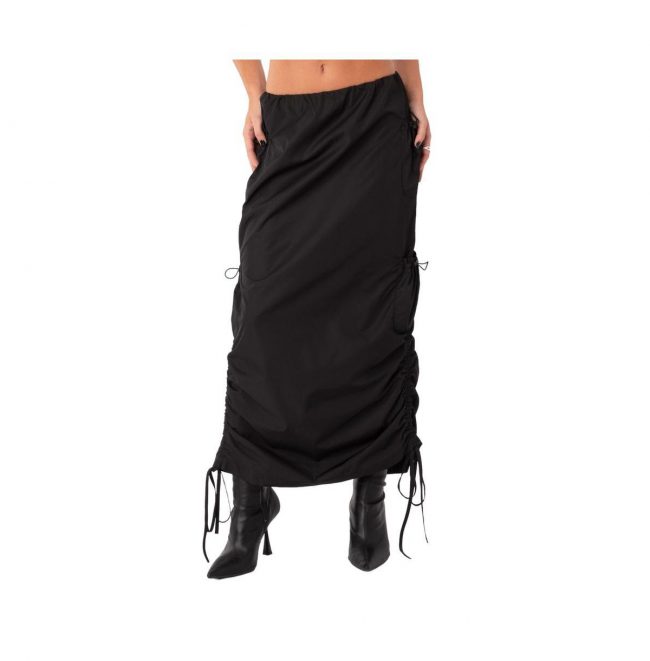 Women's Low Waist Nylon Maxi Skirt With Gathering On The Sides - Black