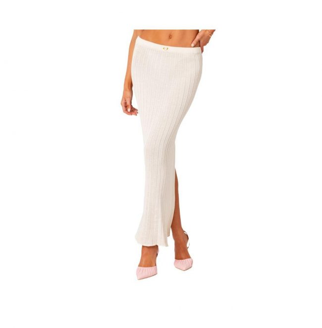 Women's Maxi Low Rise Knit Back Slit Skirt With Flower Applique - White