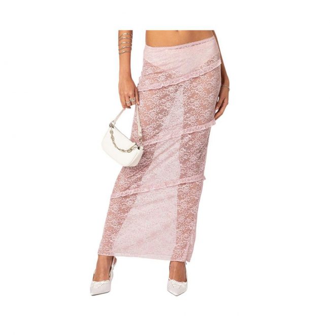 Women's Myra sheer lace ruffle maxi skirt - Light-pink