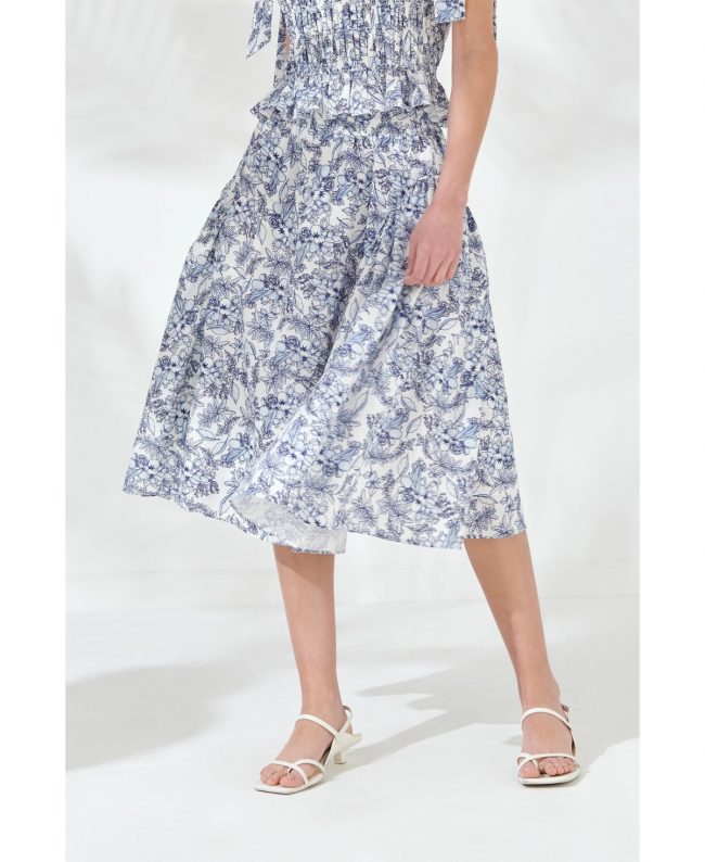 Women's Print Linen Midi Skirt - Blue