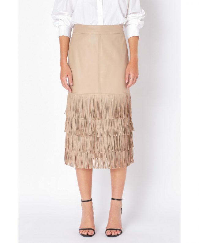 Women's Pu Fringe Midi Skirt - Tan