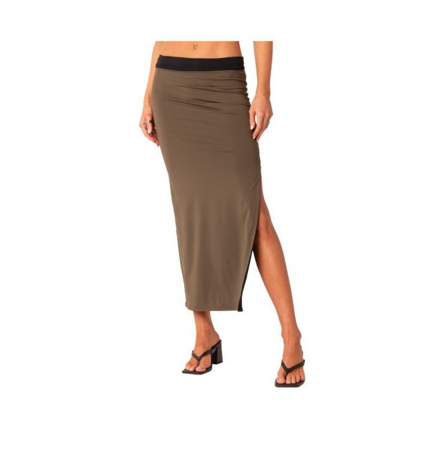 Women's Reversible Contrast Low Waist Maxi Skirt With Slit - Brown