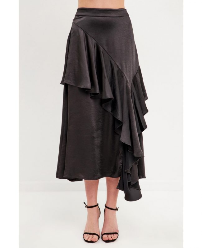 Women's Satin Waterfall Midi Skirt - Black