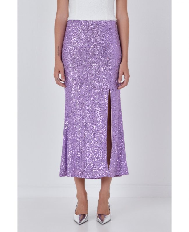 Women's Sequins Front Slit Midi Skirt - Purple