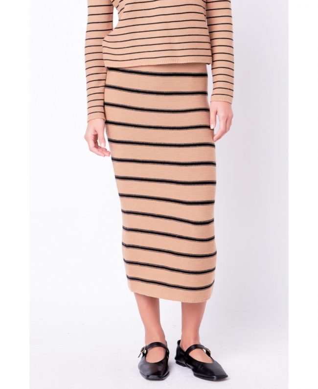 Women's Stripe Knit Midi Skirt - Tan/black
