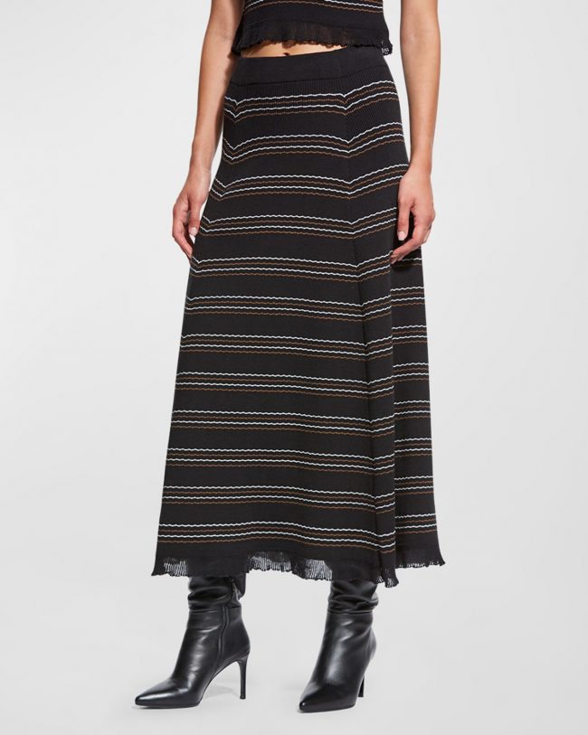 Yasmine Ribbed Striped Ruffle-Trim Midi Skirt