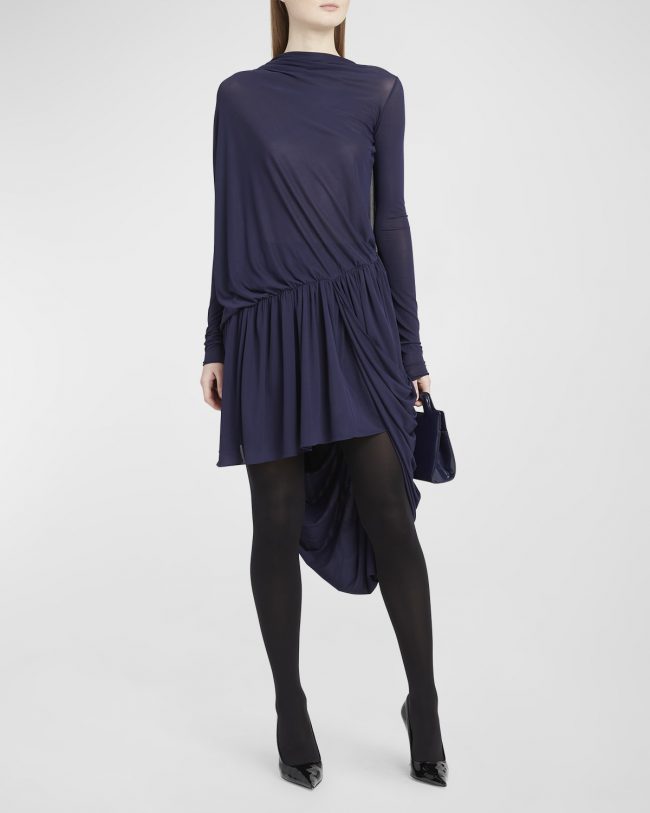 Asymmetric Ruched Sheer Jersey Mini Cape Dress