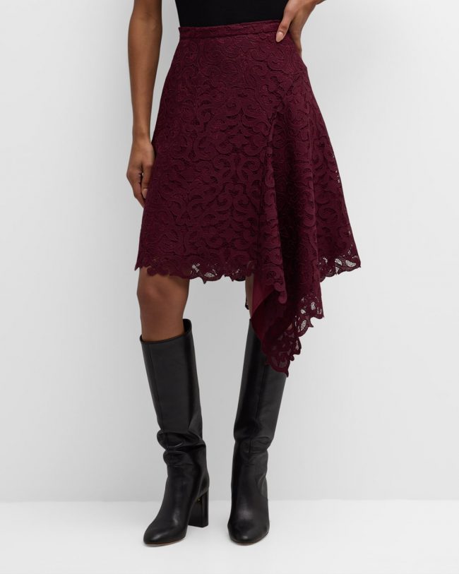Asymmetric Scroll Lace Midi Skirt