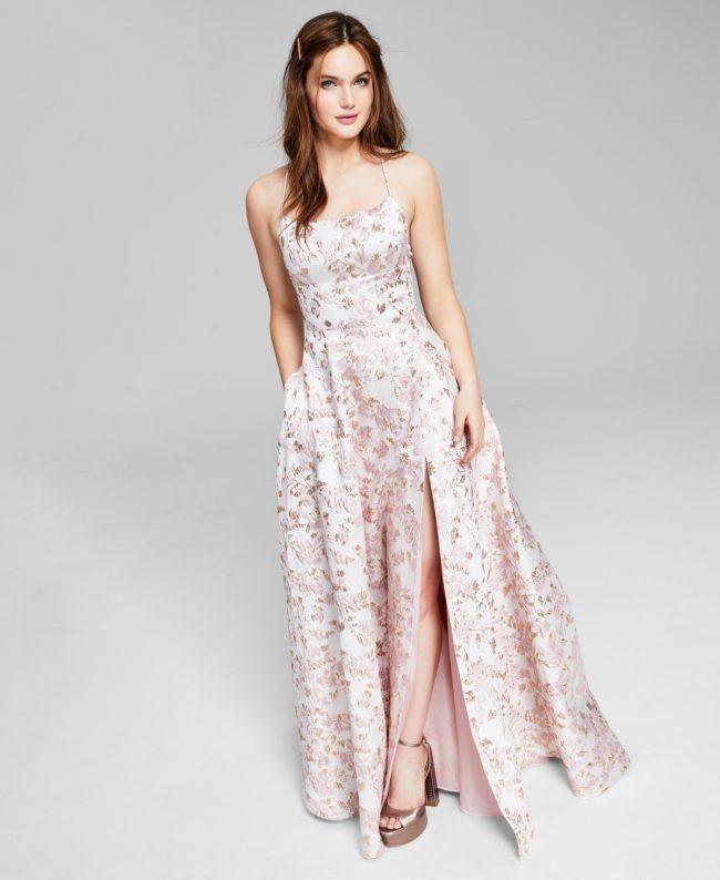 B Darlin Juniors' Scoop-Neck Jacquard Ball Gown, Created for Macy's - Off White/Pink/Gold