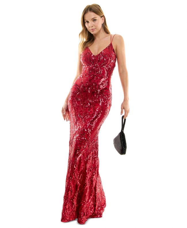 B Darlin Juniors' Strappy Sequined Evening Gown - Red