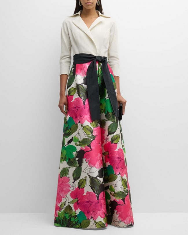 Belted Floral-Print A-Line Gown