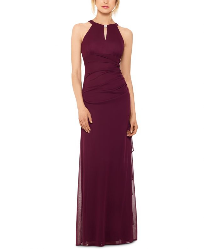 Betsy & Adam Petite Ruched Embellished Gown - Garnet Red