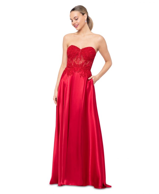 Blondie Nites Juniors' Illusion Applique Charmeuse Gown, Created for Macy's - Red