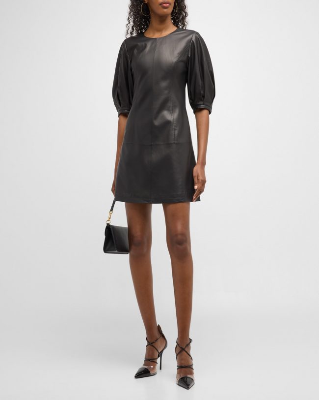 Blouson-Sleeve Leather Mini Dress