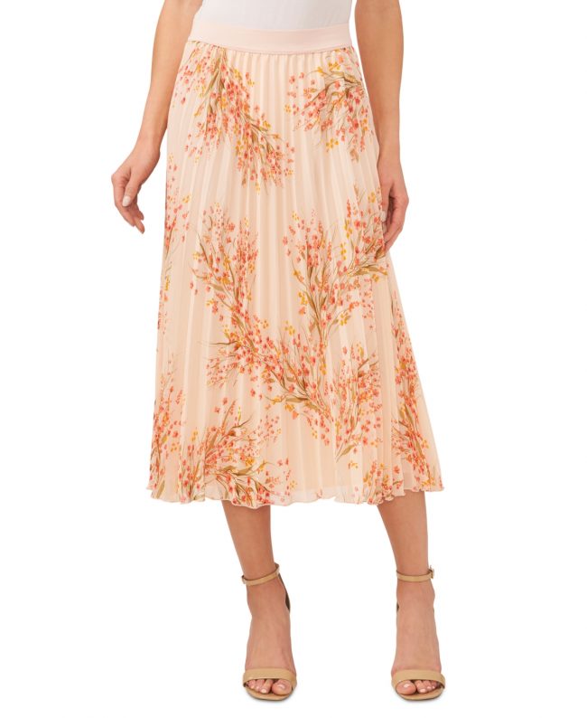 CeCe Women's Floral-Print Pleated Midi Skirt - Peach Dust