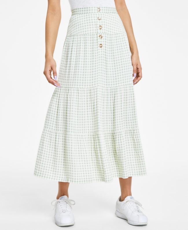 Celebrity Pink Juniors' Gingham Tiered Midi Skirt - Olive Gingham