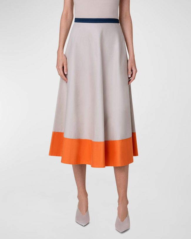 Colorblock Cotton Gabardine Midi Skirt