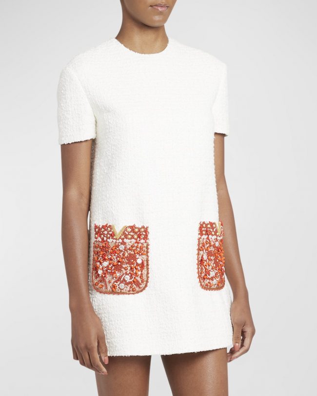 Coral V-Logo Embroidered Pocket Tweed Mini Shift Dress