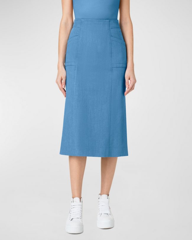 Cotton Denim Midi Skirt with Cargo Pockets