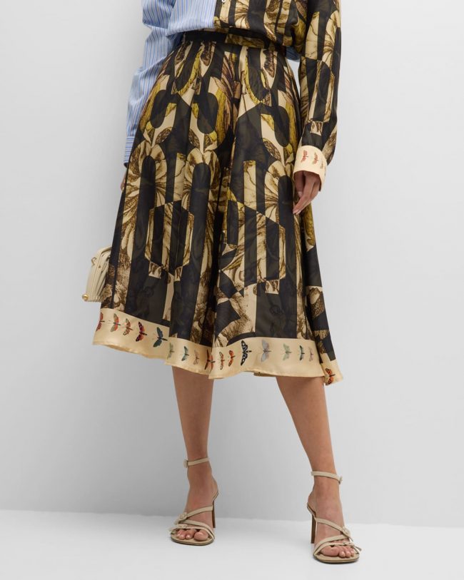 Floral-Print A-Line Silk Midi Skirt