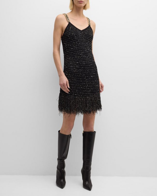 Fringed Hem Tweed Mini Dress with Chain Straps