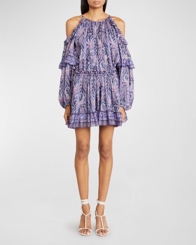 Gabinia Paisley-Print Ruffle Cold-Shoulder Mini Dress