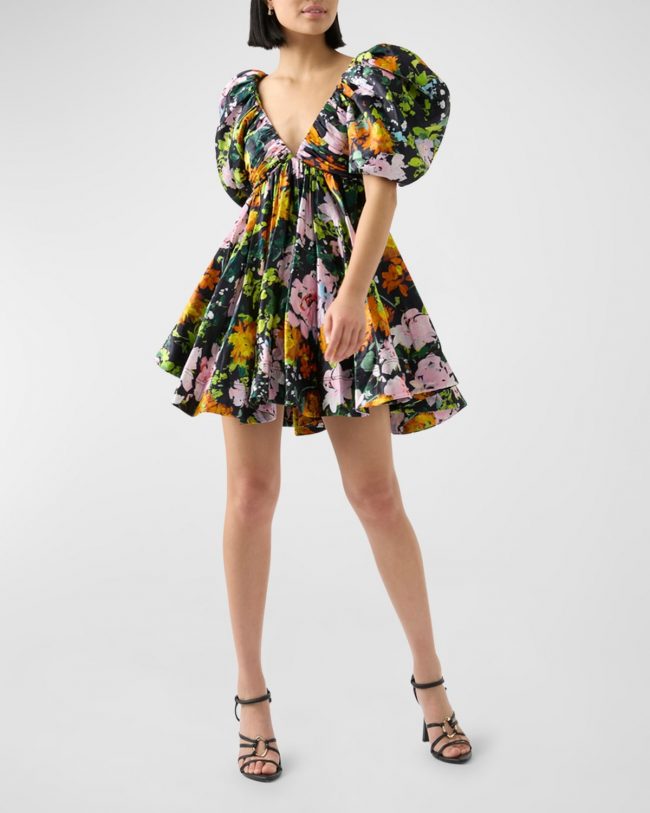 Gabrielle Plunge Puff-Sleeve Floral Linen-Blend Mini Dress