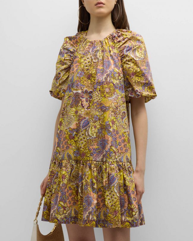 Greta Floral-Print Flounce Mini Shift Dress