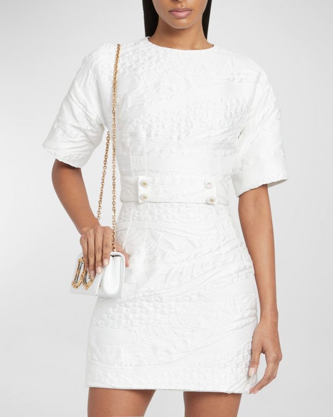 Jacquard Brocade Short-Sleeve Mini Dress