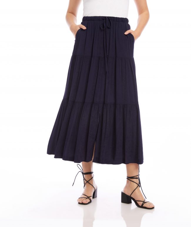Karen Kane Women's Tiered Midi Skirt, XL, Navy, 100% Viscose