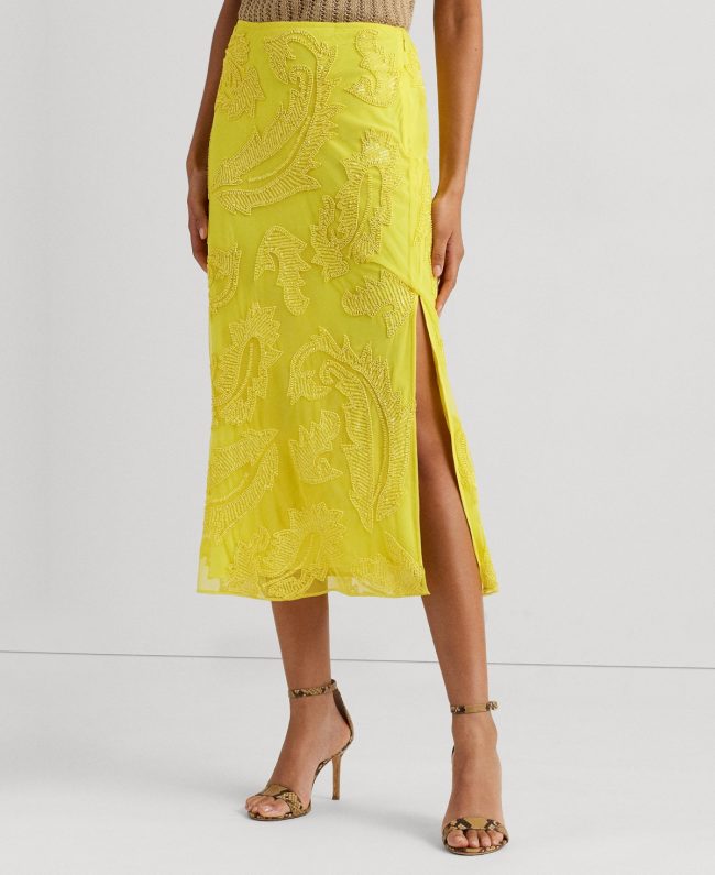 Lauren Ralph Lauren Women's Beaded Mesh Midi Skirt - Lemon Daffodil