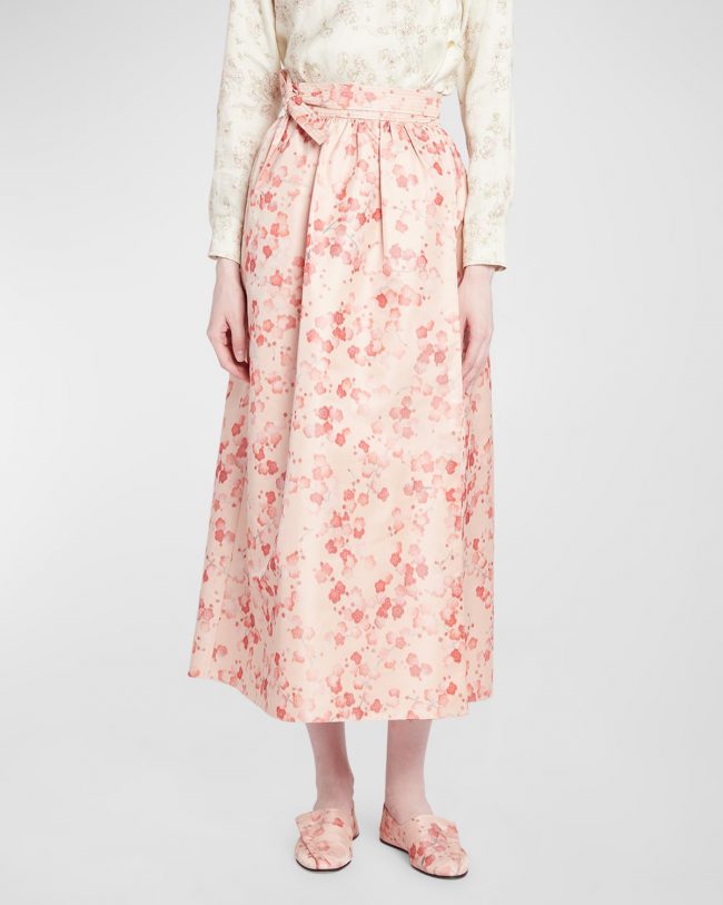 Leah Blooms-Print Belted Silk Crepe De Chine Midi Skirt
