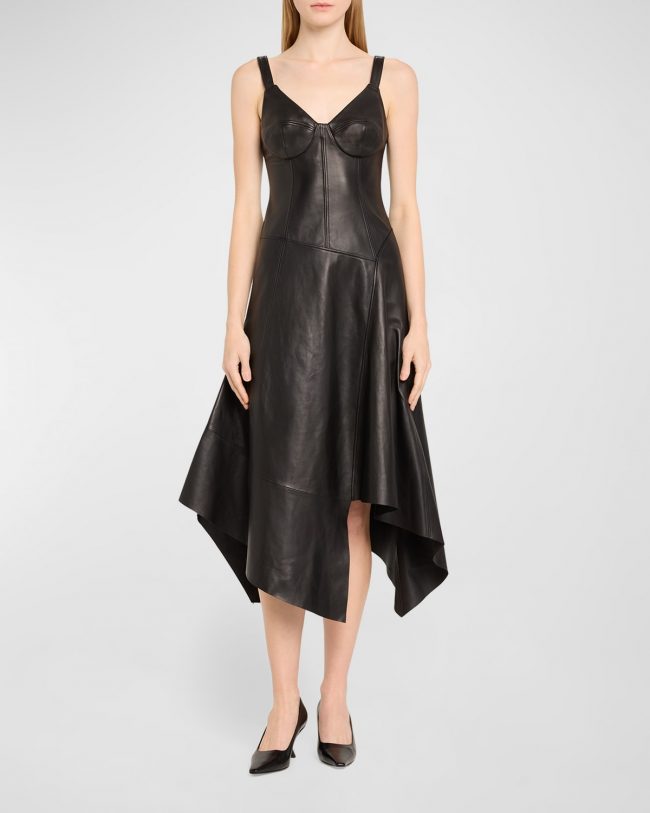 Leather Midi Dress with Asymmetric Skirt