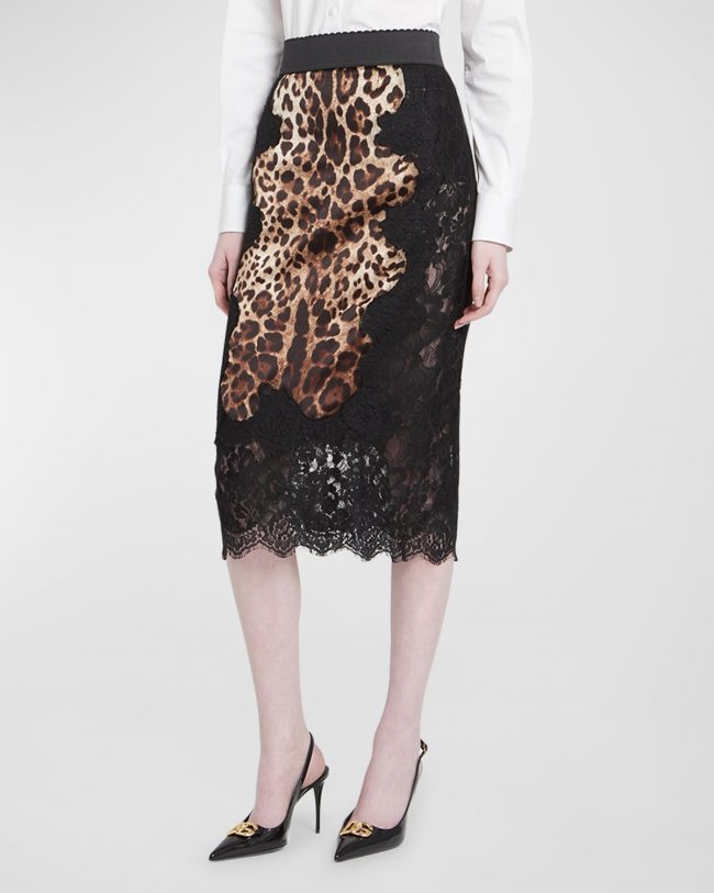 Leopard-Print Insert Lace Midi Skirt