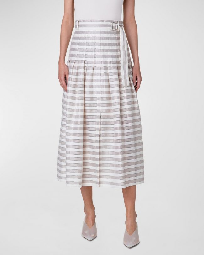Linen Blend Kodak Striped Midi Skirt with Belt
