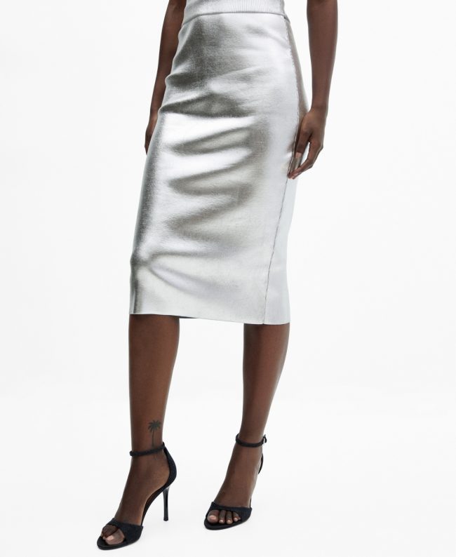 Mango Women's Metallic Midi Skirt - Silver