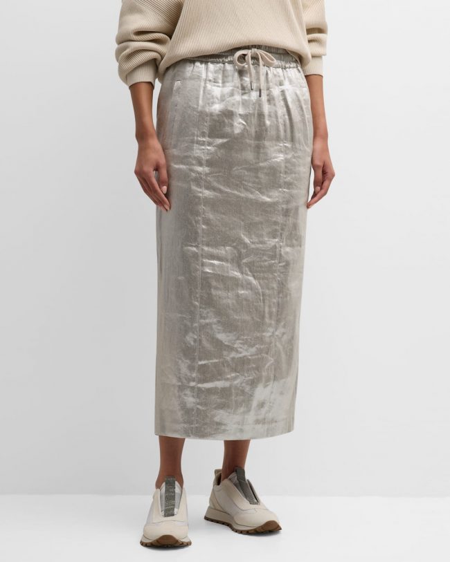 Metallic Linen Column Midi Skirt
