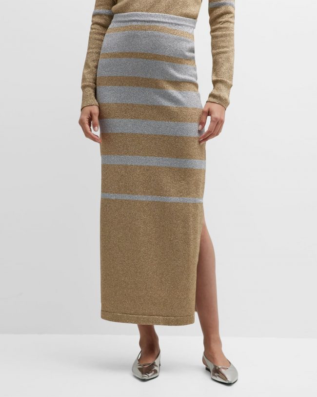 Metallic Striped Knit Side-Slits Maxi Skirt